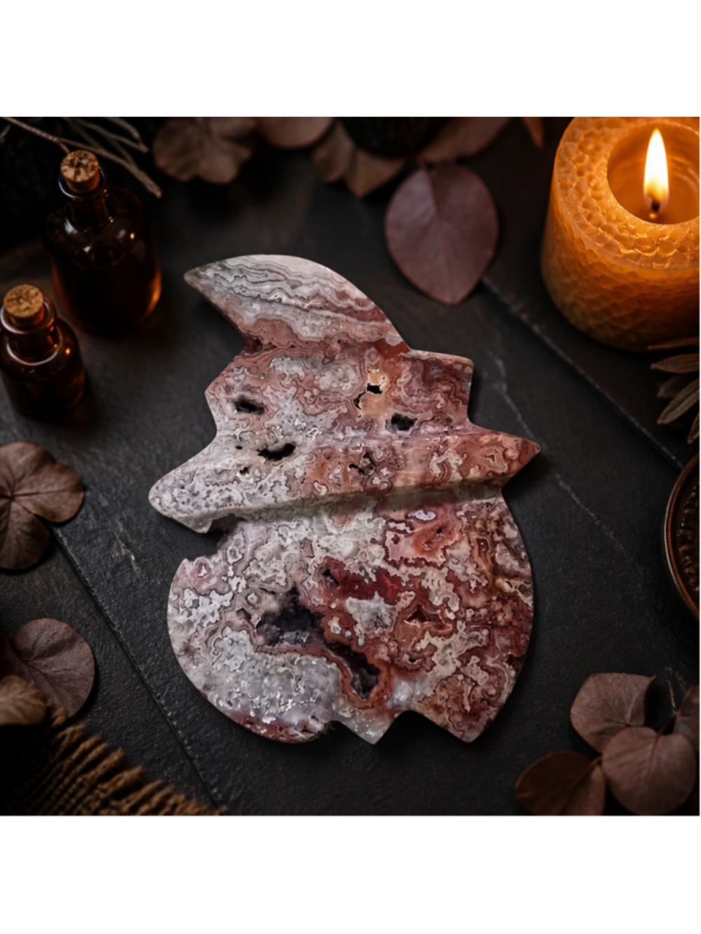 Natural Druzy Crazy Lace Agate Crystal Witch Pumpkin Stone Carving Spooky Season